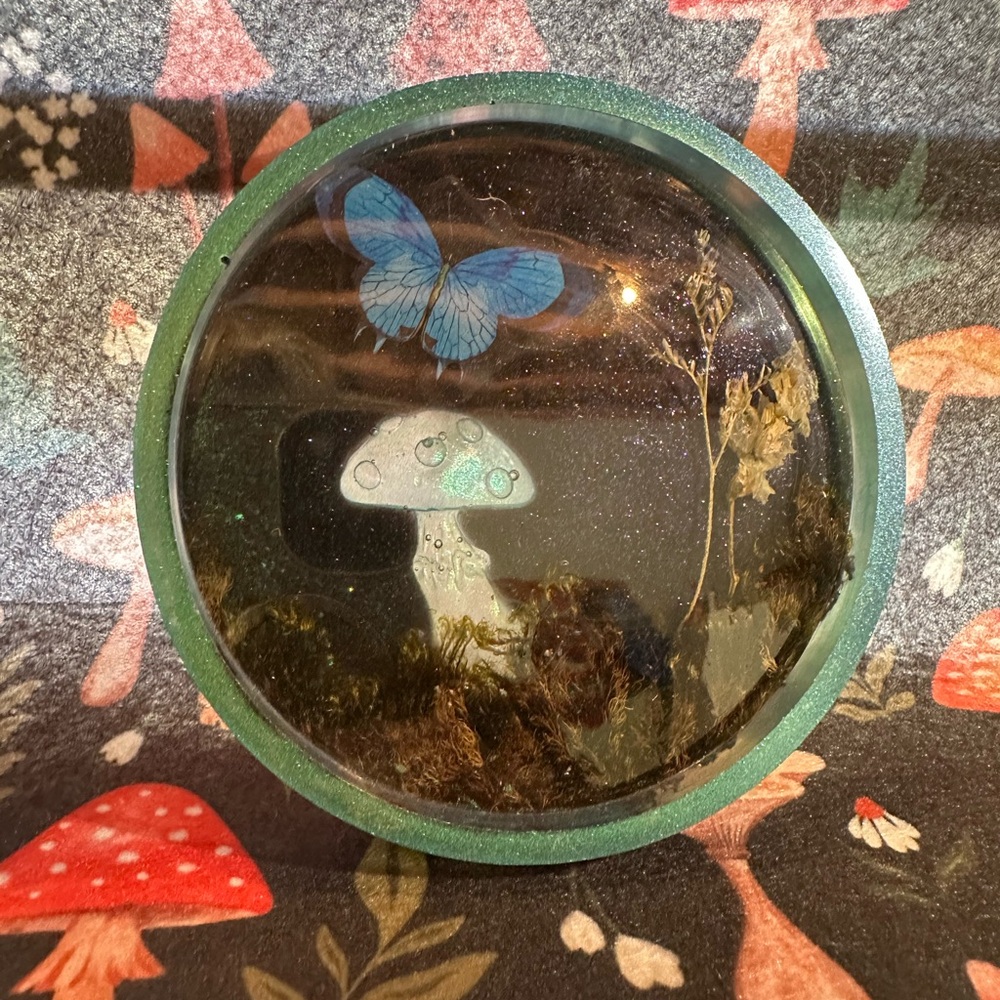 Enchanted Forest Art Piece with Blue Butterfly Resin Coaster